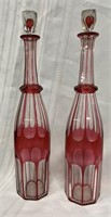 Pr. Cranberry Overlay Decanters teardrop stoppers