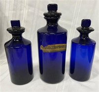 (3) Pontilled Cobalt Apothecary Bottles