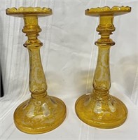 Pr. Large Moser Type Etched Amber Candlesticks
