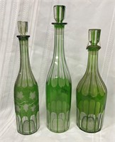 (3) Green Sanwich Overlay Decanters