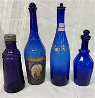 (4) Cobalt & Purple Bottles 10 1/2"H Tallest