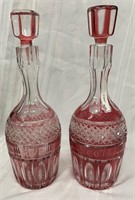 (2) Cranberry Stained "Rye" & Scotch Decanters
