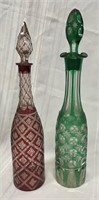 (2) Green & Cranberry Cut to Clear Decanters