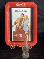 Vintage-look Metal Coca Cola tray & glass bottle