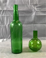 2 Dark Green Colored Glass Bottle/Vase