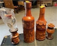 WOOD BOTTLES-ROSE AND CANDLE HOLDERS