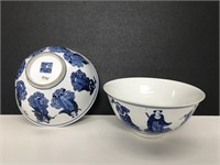 Pair blue and white bowls w 8 immortals