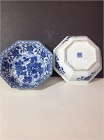 Pair blue and white octagonal bowls