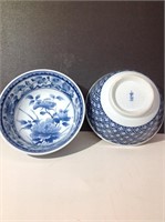 Pair blue and white floral bowls