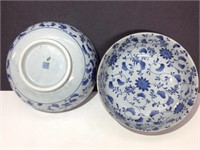 Pair japanese blue and white floral bowls