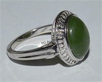 14K White Gold Cabochon Green Nephrite Jade Ring