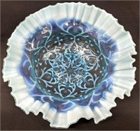 Northwood Blue Opaline Brocade Spanish Lace Bowl