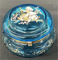 Moser Bohemian Blue Glass w/ Figural Enamel Jar