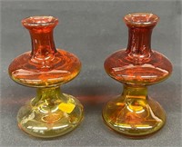 (2) MCM Amberina Glass Bulbous Vases/Candle Hldrs