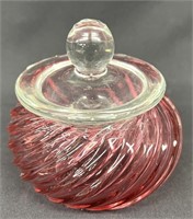 Vtg Cranberry Glass Swirl w/ Clear Lid Powder Jar