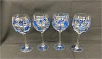 (4) 8" Tall Balloon Wine Glasses w/Scandi Blue Pat