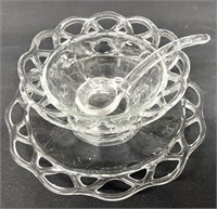 Depression Glass 3pc Open Lace Mayo Set w/ Ladle