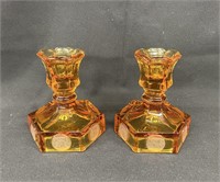 Fostoria Amber Coin Glass Pair Candleholders 4.5"
