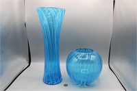 2 Vtg. Blue & White Blown Art Glass Vases