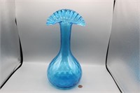 Mid-Century Blue Glass Ruffled Fan Vase