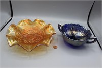 2 Pcs. Vtg. Blue & Marigold Carnival Glass Bowls