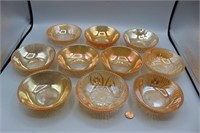 10 Jeanette Marigold "Iris" Carnival Glass Bowls