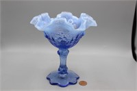 Vtg. Blue Fenton Cabbage Rose Pedestal Candy Dish
