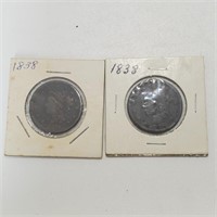 Two1838 Coronet Head Large Cent,