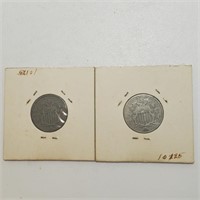 (2) 5-Cent US Shield Nickels Coins 1868 1869