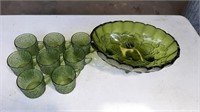 Green Glass Fruit Bowl and Cups