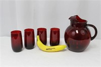 Ruby Red Anchor Hocking Pitcher Set w/4 Glasses