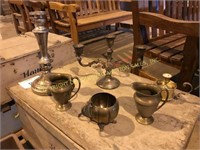 Brass plated candeabras& pitchers