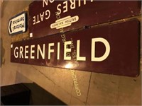 Greenfield double sided porcelain/metal train sign