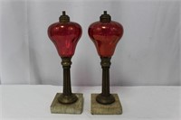 Pr. Antique Cranberry Glass Lamps w/Marble Bases