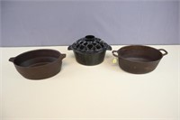 (3) CAST IRON OVAL ROASTERS & HUMIDIFIER: