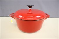 RED ENAMELED CAST IRON DUTCH OVER WITH LID: