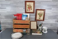 3 WOODEN FRUIT CRATES & VARIETY OF ITEMS