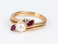Jewelry 14k Yellow Gold Ruby, Pearl & Diamond Ring