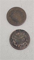 Two US 2 Cents Copper coins