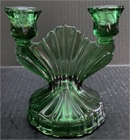 VINTAGE GREEN GLASS DOUBLE CANDLE HOLDER