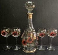 VINTAGE GOLD TRIM POPPIES DECANTER AND 4 DRINK GLA