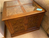 Quality Wood end table, carved wood under glass