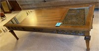 Quality Wood coffee table, carved wood under glass