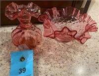 Pink glass ruffled rim vase and bowl set