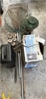 Electric heater, rubber hip waders, fishing nets,