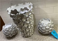 3 pc porcelain vase & 2 candle holders artichoke?