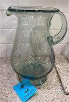 Etched clear glass pitcher with handle 11x6x6"