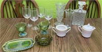 Grapevine green dishes, wine glasses, glass vases