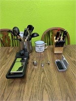 Misc. cooking utensils, knife stand and knives,