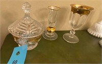 3 pieces clear glass w/ gold trim vase goblet dish